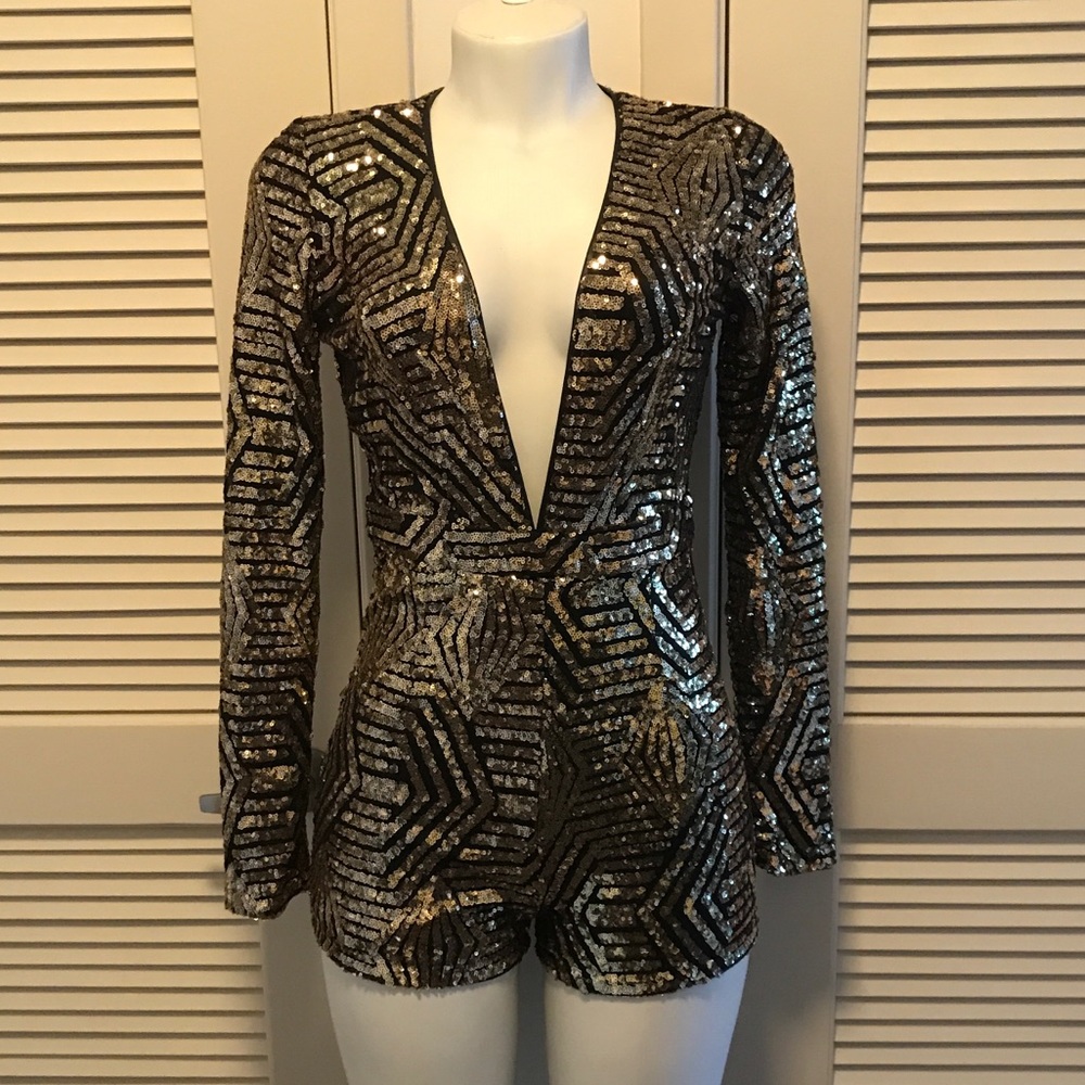 Black and Gold Fully Sequined Long Sleeved Romper